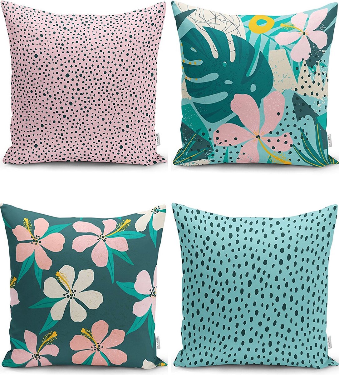 Sierkussens set van 4 stuks - INCLUSIEF BINNENKUSSENS 45x45 cm - bloemen - roze - blauw - geel - groen- dubbelzijdig bedrukt - kussensloop - kussens woonkamer - kussenhoes