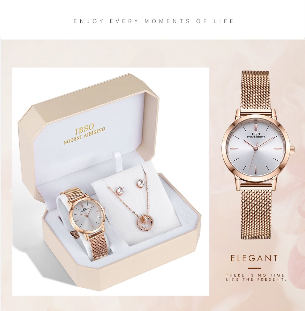 Boerni Aibisino Horloge, Oorbellen en Ketting Rosé luxe geschenk set Diamand | Crystal glass | Premium kwaliteit uurwerk Quartz Japan | Mineraal | Geschenk | Fashion | Moederdag | Elegant | Dames | Vrouw | Black Friday