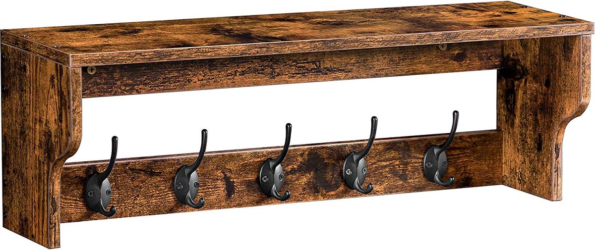 Furnibella - Wandkapstok, met plank, wandgemonteerde kledingroede, kapstokken met 5 haken, wandrek, hangende plank, stal, voor hal, slaapkamer, badkamer, woonkamer, vintage bruin-zwart EBF01YM01