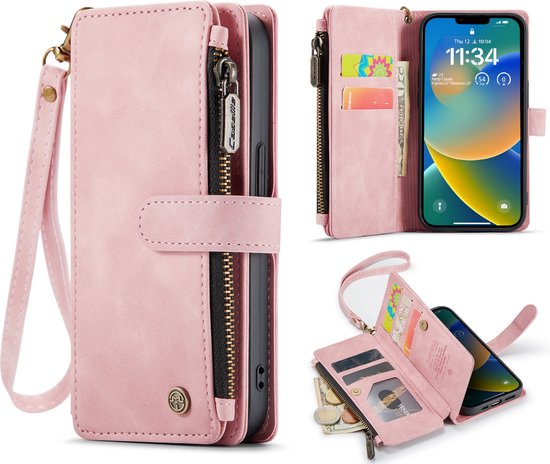 Coque Apple iPhone 14 Pink Pâle - Casemania Luxe Wallet Book Case with Zipper