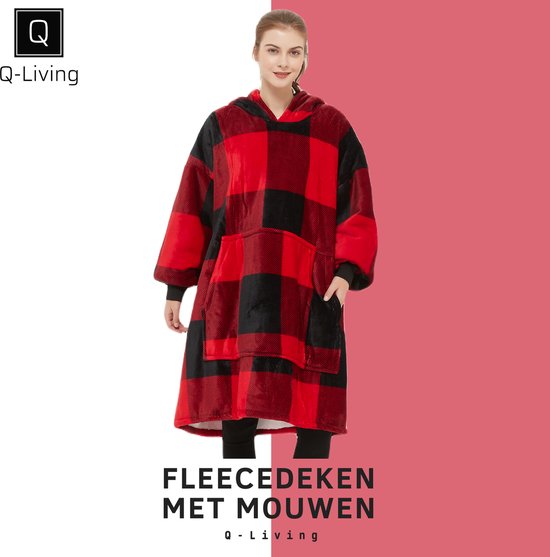 Q-Living Hoodie Deken - Snuggie - Plaid Met Mouwen - Snuggle Hoodie - Fleece Deken Met Mouwen - 1450 gram - Rood/Zwart