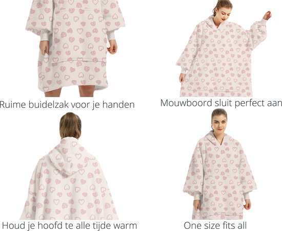 Q-Living Hoodie Deken - Snuggie - Plaid Met Mouwen - Snuggle Hoodie - Fleece Deken Met Mouwen - 1450 gram - Peach Met Hartjes