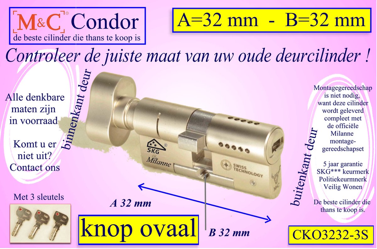 M&C Condor high security deurcilinder met Knop OVAAL 32x32 mm - SKG*** - Politiekeurmerk Veilig Wonen - inclusief MilaNNE gereedschap montageset