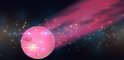 Roze Dog Comets bal met sterrenpatroon, zwevend in de ruimte met een roze staart.
