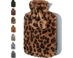 Warmwaterkruik met Hoes - Zachte Premium Pluche Hoes - 1,8 L Kruik - Warmwaterkruik voor Pijnverlichting van Rug, Nek en Schouderklachten - Ideaal Cadeau - Bruine Luipaardprint