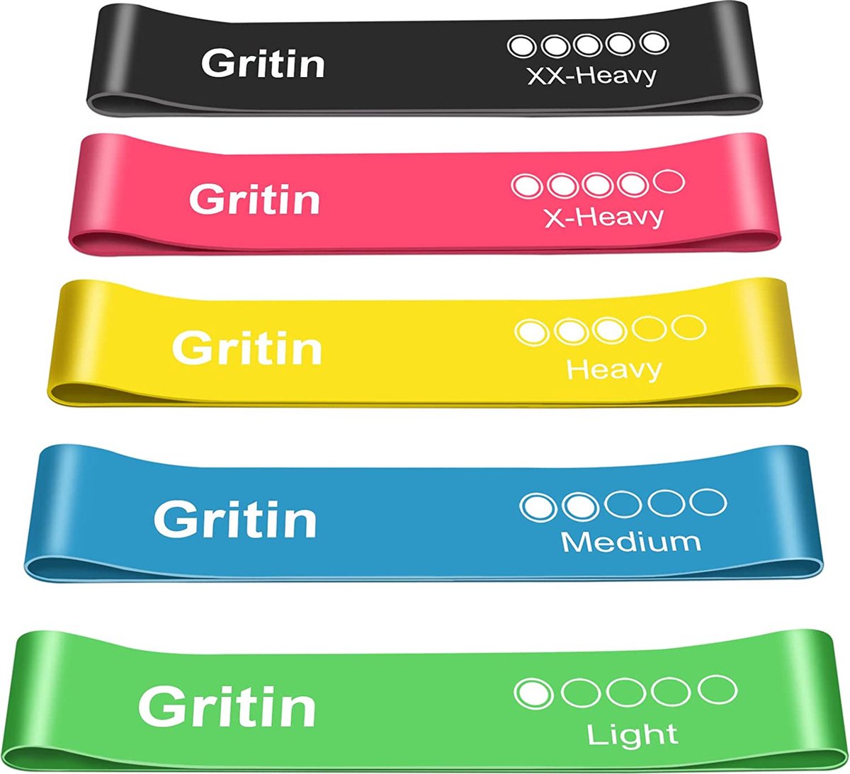 Gritin Resistance Bands, [Set of 5] Skin-Friendly Resistance Fitness Exercise Loop Bands with 5 Different Resistance Levels - Carrying Case Included - Ideal for Home, Gym, Yoga, Training
