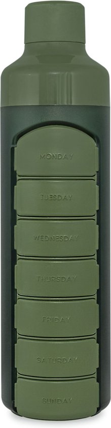 YOS Health Bottle 375ml Drinkfles met pillendoos (Weekly, Groen