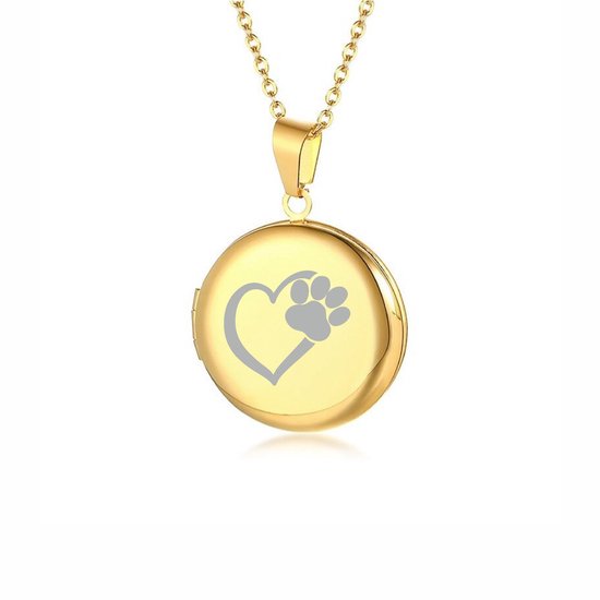 Pendentif Photo Avec Chaîne Et Gravure - Rond - Patte De Chien Coeur