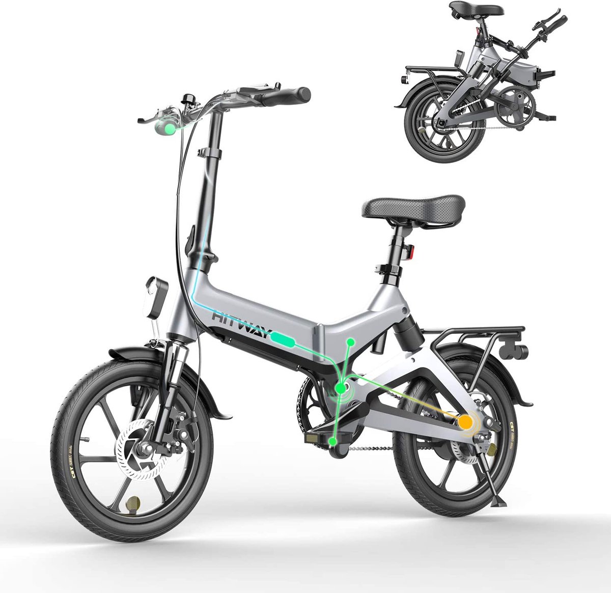 Hitway Elektrische fiets lichtgewicht | URBAN E BIKE Inklapbaar | 16 inch elektrische fiets met schijfremmen | 7.5AH Maximale snelheid 25 km u | Vaarbereik35 45 km | GREY