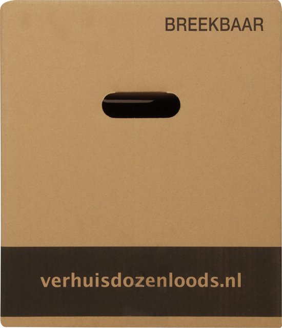 Bruine kartonnen verhuisdoos met handvat aan de zijkant en tekst 'BREEKBAAR' en 'verhuisdozenloods.nl'.
