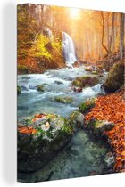 Canvas schilderij - Canvas natuur - Waterval - Herfst - Bomen - Zon - Canvas doek - 60x80 cm - Schilderijen op canvas - Muurdecoratie - Woonkamer