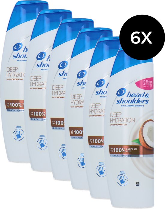 Six bouteilles de shampooing Head & Shoulders Deep Hydration anti-pelliculaire à l'huile de coco. Les bouteilles sont blanches avec des bouchons bleus.
