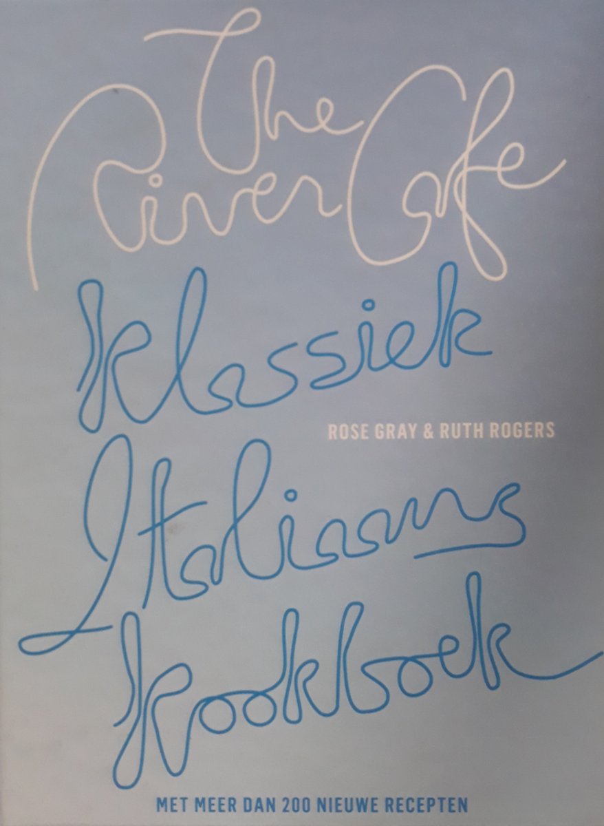Boekcover 'The River Cafe Klassiek Italiaans Kookboek' met blauwe en witte tekst.