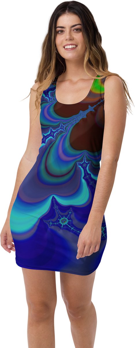 II THE MOON Jurk voor alle gelegenheden, kwaliteit, voelt zacht als een tweede huid blauw * groen * paars gekleurd, abstract, nauwsluitend, mini, sexy