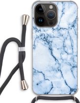 Case Company® - Hoesje met koord geschikt voor iPhone 14 Pro Max hoesje met Koord - Blauw marmer - Telefoonhoesje met Zwart Koord - Extra Bescherming aan alle Kanten en Over de Schermrand