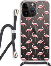 Case Company® - Hoesje met koord geschikt voor iPhone 14 Pro Max hoesje met Koord - Flamingo - Telefoonhoesje met Zwart Koord - Extra Bescherming aan alle Kanten en Over de Schermrand