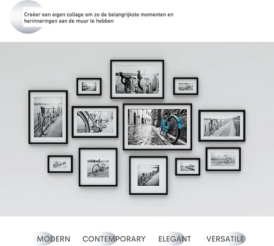 Collage van 11 zwarte fotolijsten aan een muur, met diverse fietsafbeeldingen.