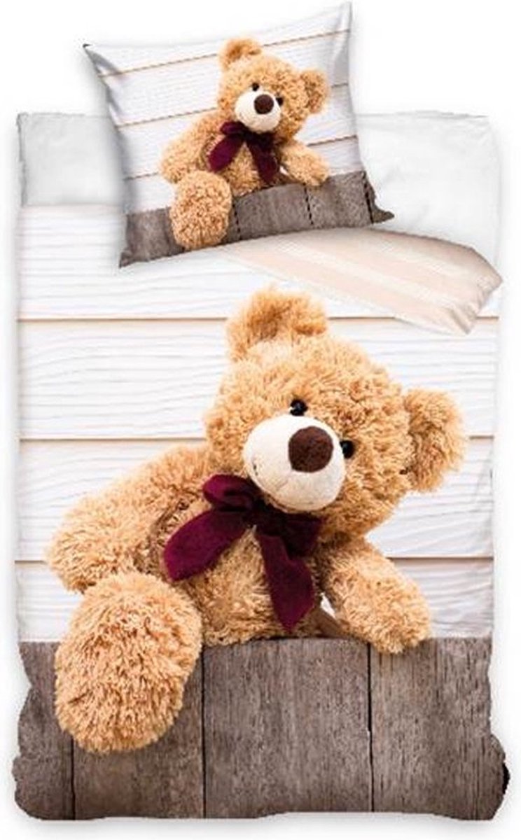 1-persoons kinder dekbedovertrek (dekbed hoes) met grote bruine knuffelbeer / teddybeer (
