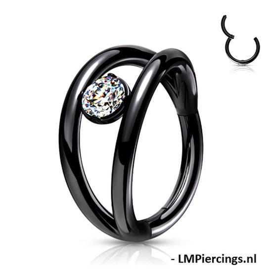 Piercing High Quality Double Hoop met CZ steen zwart 10mm