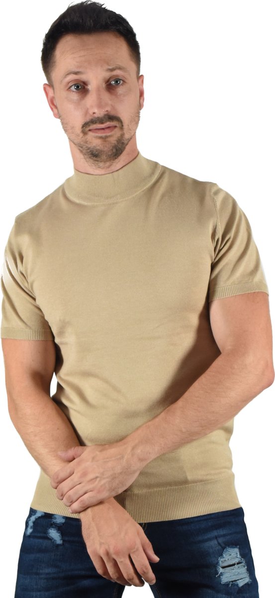 FRILIVIN - Turtleneck T-Shirt Heren - Beige - T-Shirt Korte Mouwen - Licht Knitwear - Muscle Fit - Slim Fit - Ronde Hoge Hals - Maat S