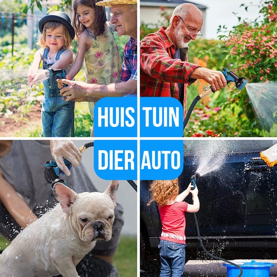 Collage van mensen die de flexibele tuinslang gebruiken voor tuin, dier en auto.
