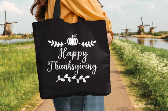MuchoWow® Sac bandoulière - Sac de plage - Big Shopper - Sac shopping - Citation "Happy Thanksgiving" décoration murale vacances blanc sur noir - 45x45 cm - Sac en coton