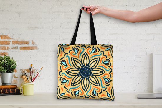 Sac bandoulière - Sac de plage - Shopper Bloem - Feuilles - Zwart - Jaune - 45x45 cm - Sac en coton