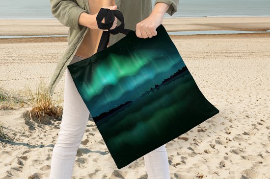 MuchoWow® Schoudertas - Strandtas - Big Shopper - Boodschappentas - Noorderlicht - Sterrenhemel - Nacht - 40x40 cm - Katoenen tas