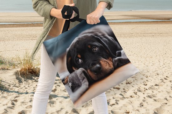 Sac à bandoulière - Sac de plage - Shopper Mignon chiot Rottweiler allongé sur le sol - 40x40 cm - Sac en coton