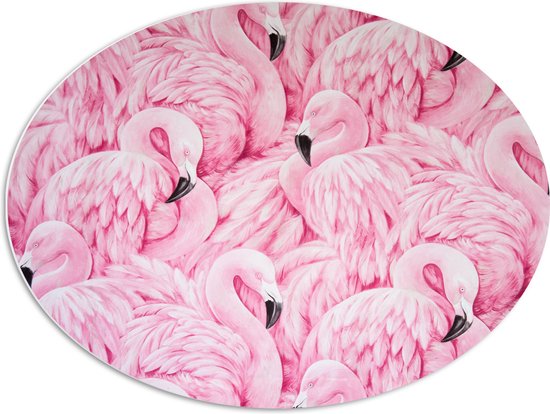 WallClassics - PVC Schuimplaat Ovaal - Getekende Roze Flamingos - 80x60 cm Foto op Ovaal  (Met Ophangsysteem)