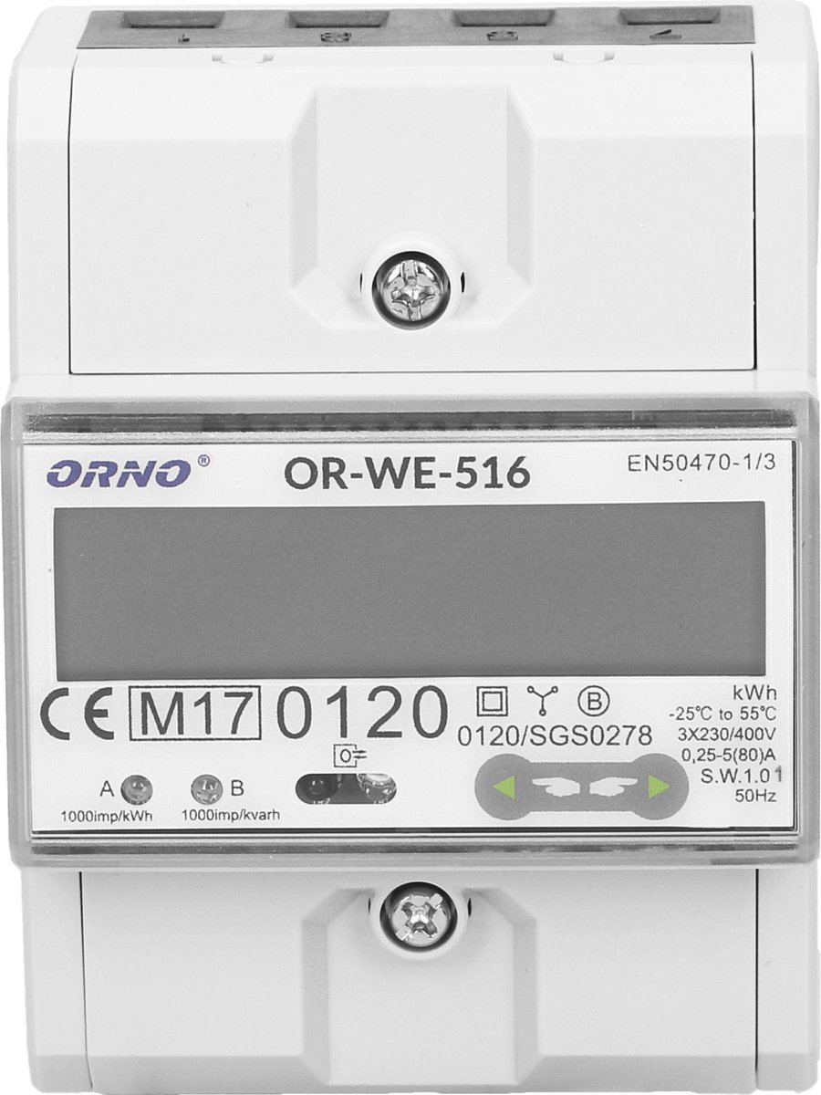 3-fase meertarief energiemeter met RS-485, 80A stroomvoorziening: 3x230V/400 AC, 50-60Hz, huidig: 5(80)A, pulse frequency: 1000 imp/kWh, signalering lezen: knipperend LCD, installatie rail: DIN TH-35mm
