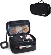 iBright de Maquillage avec miroir - 2 couches - Avec compartiments pratiques - Organisateur de cosmétiques - Trousse de toilette Taille M - Zwart
