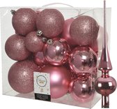 Kunststof kerstballen met glazen piek - lippenstift roze - 27-delig