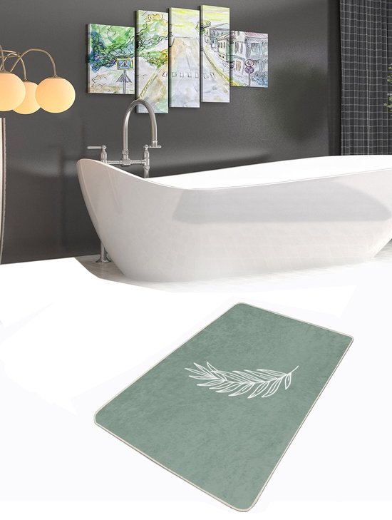 Badmat antislip - 60x100 -Super zacht 10mm dikte -Deurmat voor binnen- Wc mat - Toiletmat - Onedraw blad op lichtgroen - De Groen Home