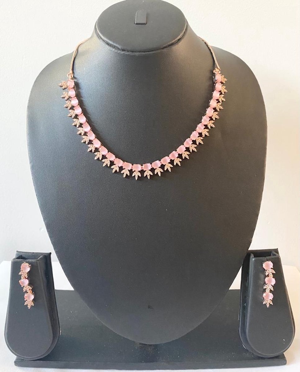 N3 Collecties Rose Gold Plated Choker Sieraden Set with Roze stenen Dames