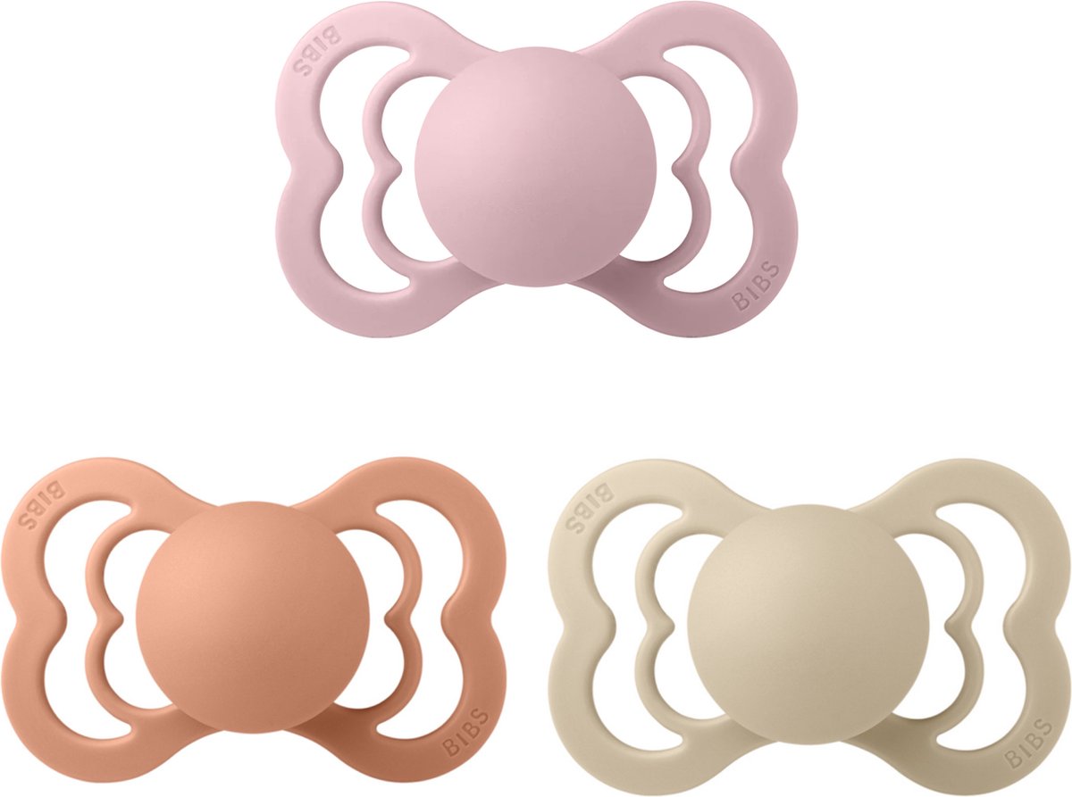 Goedkoopste BIBS Supreme Fopspeen | Bundel set 3 stuks | T1 | Maat 1 | 0-6 maanden | Latex | vanilla, Peach, Pink Plum | Natuurrubber