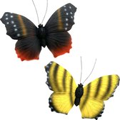 3D vlinders muur/tuin decoratie - Polyresin - set van 2 - Zwart & Geel - 16 x 19 x 4.5 cm