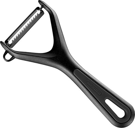 Éplucheur julienne noir Westmark avec poignée ergonomique et lame en acier inoxydable à dents grossières.