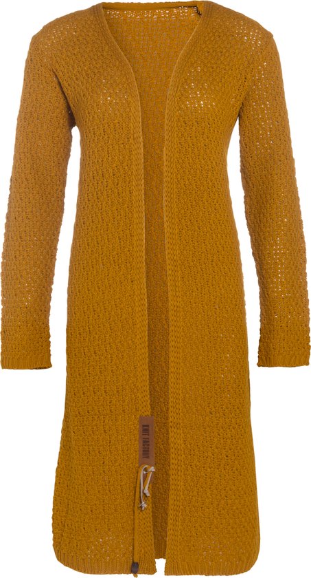 Knit Factory Luna Lang Gebreid Vest Oker - Gebreide dames cardigan - Lang vest tot over de knie - Geel damesvest gemaakt uit 30% wol en 70% acryl - Grote maat - 46/48
