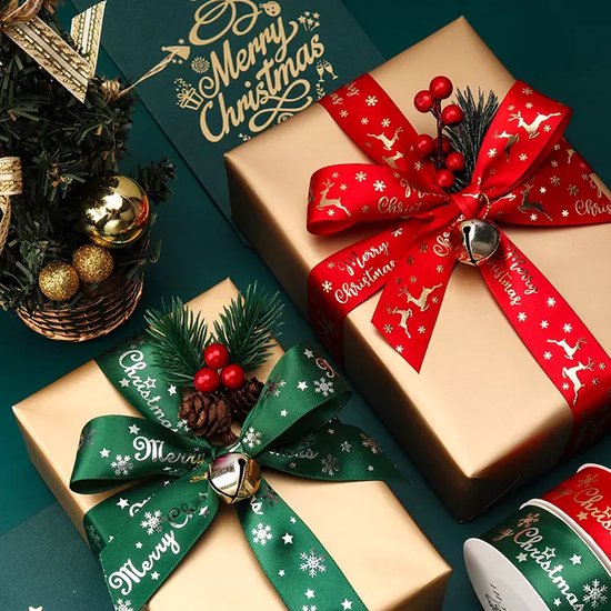 Kerstlint Dubbel Velvet Groen Merry Christmas Goud 25mm x 10 meter