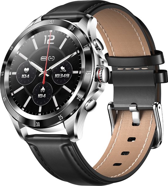 Darenci Smartwatch Platinum Pro - Smartwatch heren - Activity Tracker - Touchscreen - Bluetooth bellen - Bluetooth muziek - Lederen band - Horloge - Stappenteller - Bloeddrukmeter - Verbrande calorieën - Zuurstofmeter - Spatwaterdicht- Zilver/Zwart