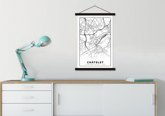 Porte-affiche avec affiche - Affiche scolaire - Zwart Wit - België - Carte - Plan de ville - Carte - Châtelet - 60x90 cm - Lattes noires