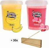 Suikerspin Suiker - Banaan - Bubbelgum incl. ± 30 suikerspin stokjes - 2 potten x 400 gram