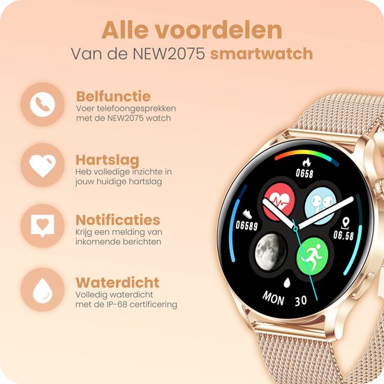 NEW2075 improve your wellness® Smartwatch dames rosé goud – Smartwatch dames – Stappenteller - Smartwatch – Belfunctie – 192 Uur Batterij – Touch screen – Slaapmeter