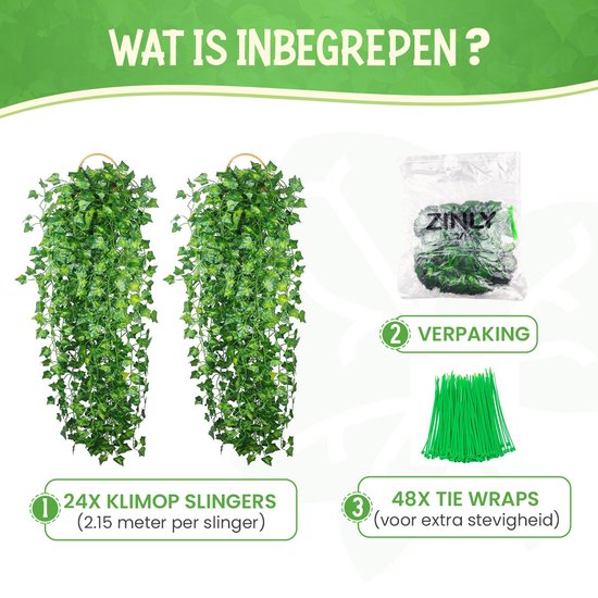 Verpakking en inhoud: 2x klimop slingers van 2.15 meter, 1x verpakking en 48x tie wraps.