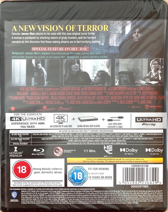 4K Ultra HD Blu-ray hoes van de film Malignant. Met tekst, poster en 18+ rating.