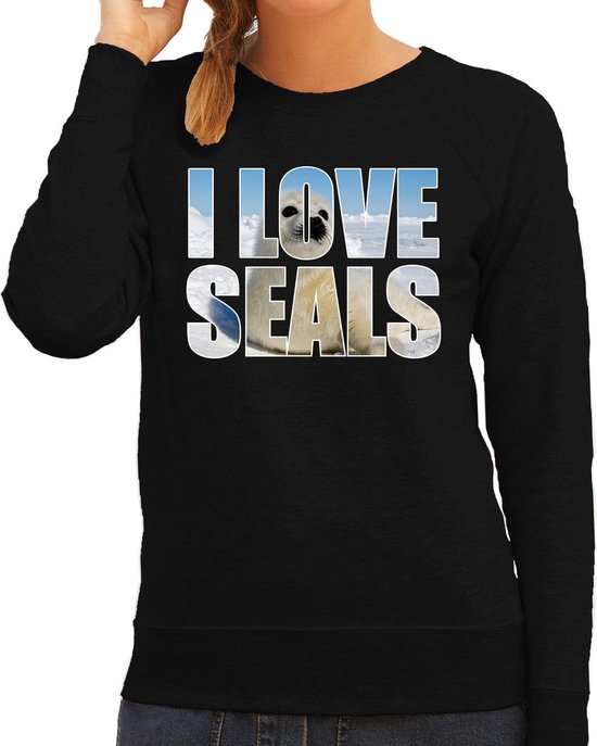 Tekst sweater I love seals met dieren foto van een zeehond zwart voor dames - cadeau trui zeehonden liefhebber XS