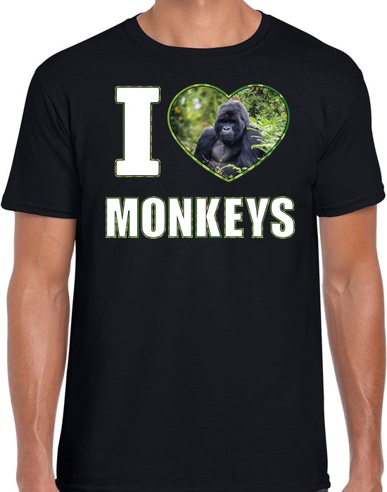 T-shirt J'aime les singes avec photo animalière d'un singe Gorilla noir pour homme - tee-shirt cadeau singes amoureux L