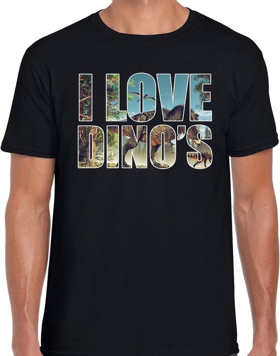 Tekst shirt I love dinosaurs met dieren foto van een dino zwart voor heren - cadeau t-shirt T-Rex dinosauriers liefhebber L