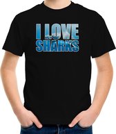 Tekst shirt I love sharks met dieren foto van een haai zwart voor kinderen - cadeau t-shirt haaien liefhebber - kinderkleding / kleding 146/152